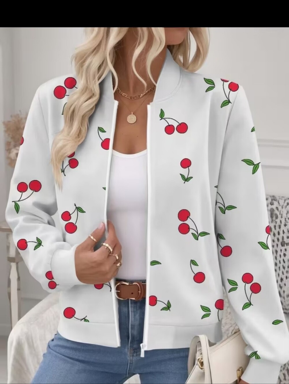 Women's White Cherry-Print Bomber Jacket